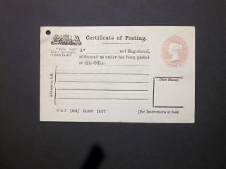 Gb Postal Stationery 1877 Qv 1/2d Pink Certificate Of Posting 4 Lines H&b Cpp1a