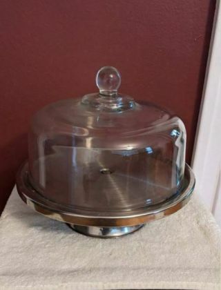 Vintage Pedestal Cake Plate Metal Stand Heavy Clear Glass Cover