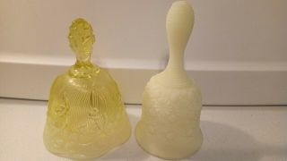 2 Lovely Yellow Fenton Glassware Dinner Bells,  5 1/2 " And 6 1/4 ",  One Stamped