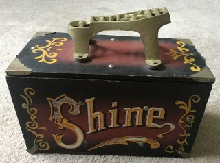 Shoe Shine Box Vintage Wood & Metal " 5 Cent Circus Theme Lettering Red Gold Bla