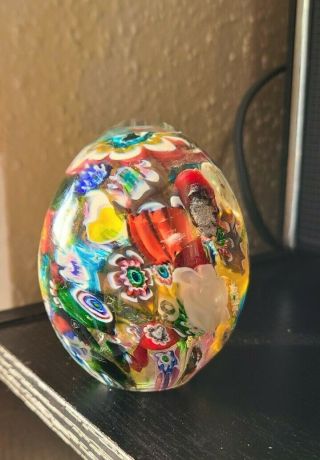 Vintage Crazy Millefiori Art Glass Paperweight Egg Shape Multicolored Hand Blown