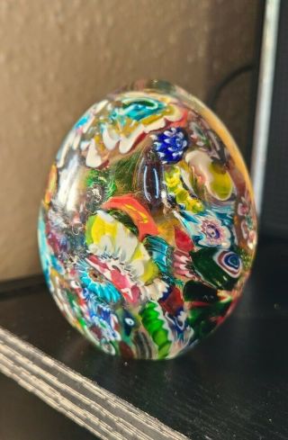 Vintage Crazy Millefiori Art Glass Paperweight Egg Shape Multicolored hand Blown 2