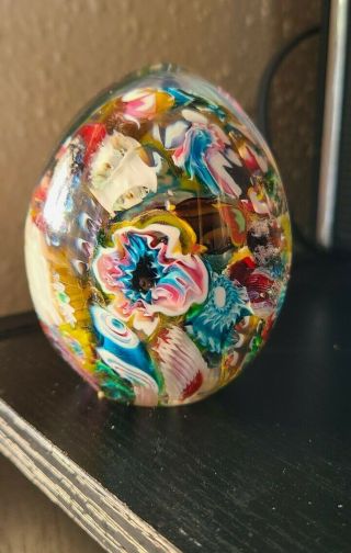 Vintage Crazy Millefiori Art Glass Paperweight Egg Shape Multicolored hand Blown 3