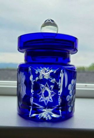 Bohemian Czech Cobalt Blue Cut To Clear Covered Honey Mustard Jam Jar