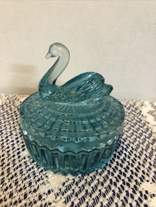 Vintage Jeannette Blue Glass Swan Covered Powder / Lipstick Dish