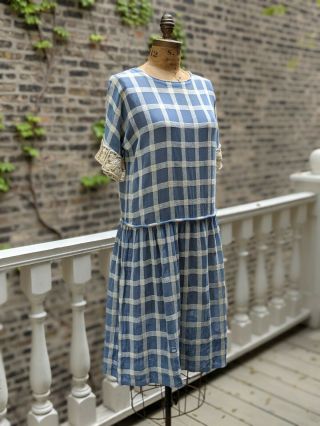 Vintage 1920s Dress Blue Plaid Linen Drop Waist Day Dress Lacework Sleeves