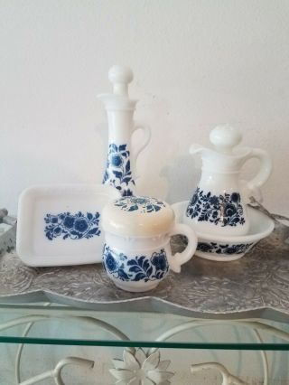 Vintage Avon Milk Glass Set Of 5 Delft Blue Flower Perfume Oil Mini Pitcher
