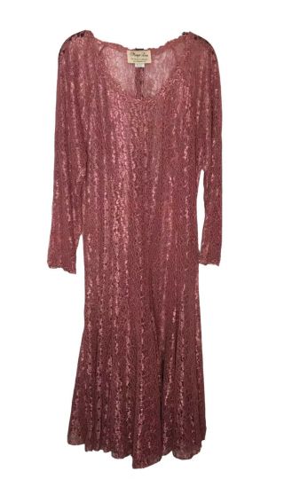 Vintage 1960s Raschel Margot Lea Sheer Lace Dress Dusty Rose Pink Shiny Layer
