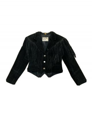 Vintage Pioneer Wear Suede Leather Fringe Jacket 80’s Women’s Size 8 Black