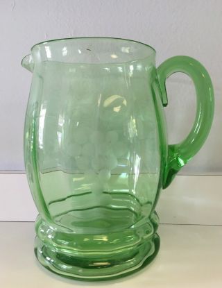 Depression Green Glass Pitcher With Grape Etched Design -