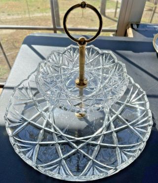 Vintage Clear Cut Glass Crystal 2 Tier Serving Dish Stand Cookie Candy - Brass