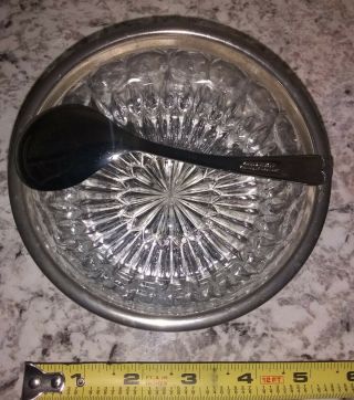 Vintage Crystal Glass Serving Bowl Silver Plate Rim 4.  5” W/ Silver Plated Spoon.