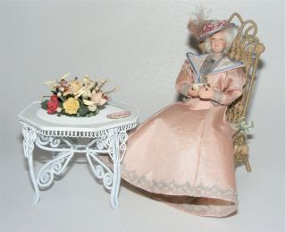 Artisan Porcelain Dollhouse Doll Older Victorian Lady Seated And Having Tea