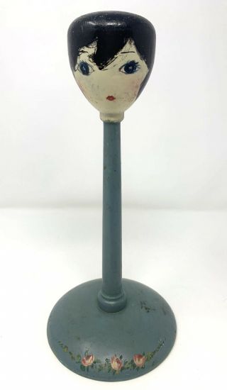 Vintage Art Deco Flapper Girl Painted Blue Gray Wood Hat Stand Store Display