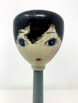Vintage Art Deco Flapper Girl Painted Blue Gray Wood Hat Stand Store Display 2