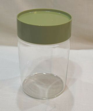 Vintage Glass Pyrex Store N See Canister Jar With Green Flat Lid 7 " Tall