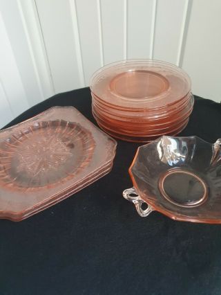 Vintage 7 1/2 " Pink Depression Glass Hexagon Bowl/candy Dish & Plate W/ Handles