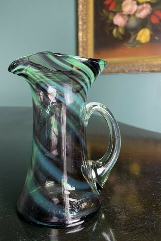 Multicolored Green Purple Swirl Art Glass Ewer Pitcher Vase With Applied Handle