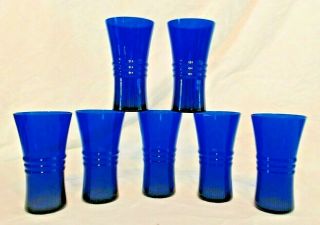 Vintage Set Of 7 Cobalt Blue Glass Tumblers,  Ribbed Middles 5 - 3/4 ",  All