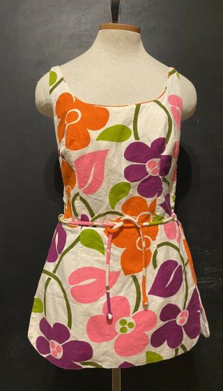 Vtg 1950’s Cole Of California Cotton Swimsuit Psychedelic White Bold Floral 14