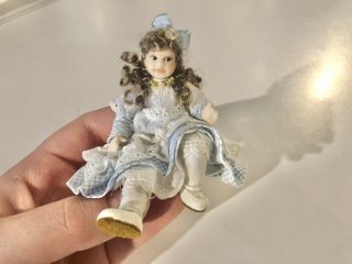Dollhouse Miniatures Hand Crafted Little Girl Curly Hair Doll In Blue Dress