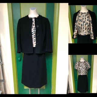 Vtg 1950 - 60’ Women’s 3pc Suit Designed By Davidow.  Black Wool W/print Silk Top