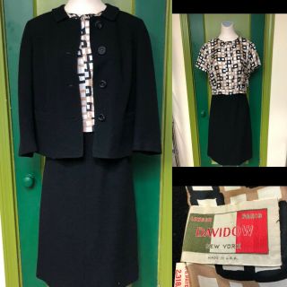 VTG 1950 - 60’ Women’s 3pc Suit Designed by Davidow.  Black Wool w/print Silk Top 2