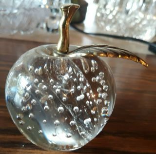 3 Clear Glass With Bubbles Apple Paperweight With Brass Stem And Leaf