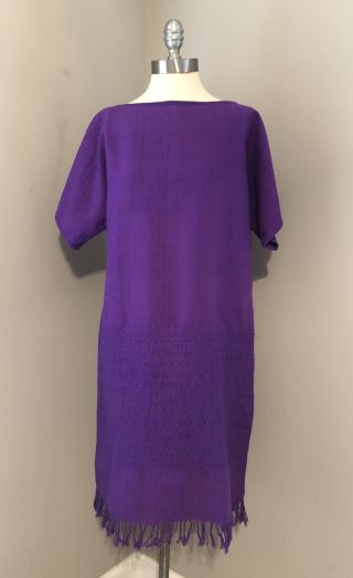 Vintage 70s Mexican Woven Textured Cotton Tunic Dress Purple Fringe Hem Midi M