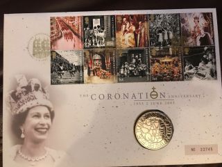 Gb Fdc Pnc Unc £5 Qe2 Queens Coronation 50th Anniv.  London Sw1 Postmark 2.  6.  2003
