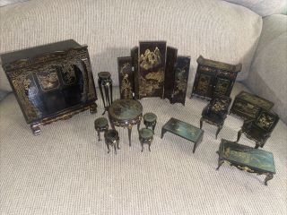 Vintage Dollhouse Miniature Asian Black Wooden Hand Painted Furniture 14 Pc