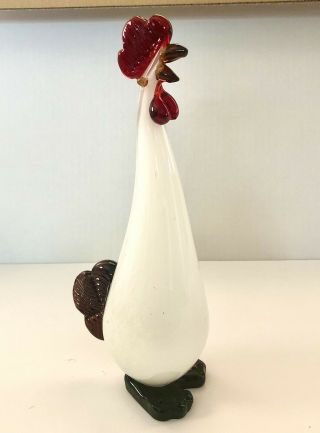 Large Vintage Hand Blown Art Glass Rooster 11” Tall White Red And Amber