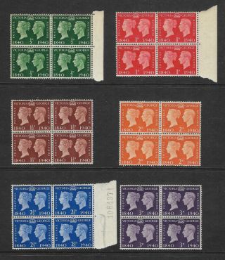 Gb 1940 Kgvi Centenary Of Postage Stamp Set In Mh Blocks Of Four (sg 479 - 484).