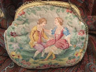 Antique Vintage Tapestry Purse Bag European Scene With Lovers & Flowers