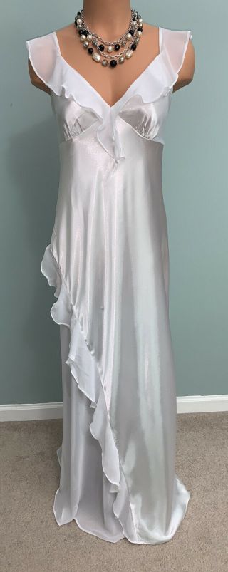 Vtg Glossy Long Satin Nightgown Dress Gown L Bust To 40 " Chiffon Honeymoon