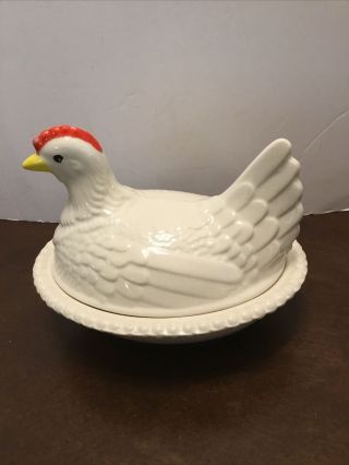 Vintage White Ceramic? Chicken Hen On A Nest Covered Candy/butter Dish 6 - 5/8”
