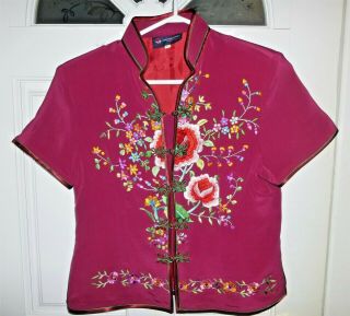 Vtg Chinese Hand Embroidered 100 Silk Burgundy Floral Short Sleeves Blouse Nwot