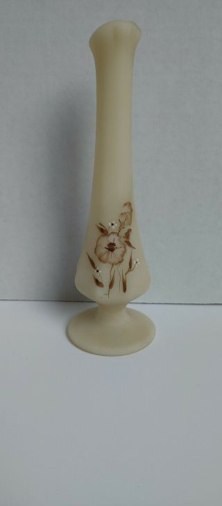 Vintage Fenton Art Glass Hand Painted Floral Custard 8 " Bud Vase Signed Jackie D