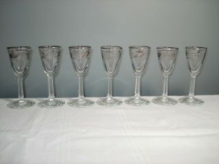 Set Of 7 Vintage Libbey Stemmed Cordial Glasses Frosted Silver Leaf Motif 1960s