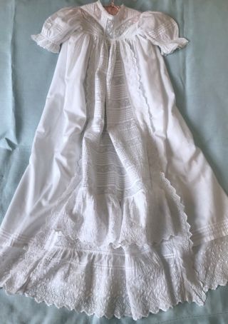 Antique Long Baby Gown Pintucks Broderie Anglaise Lace White Cotton