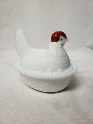 Vintage Milk Glass Hen On Nest,  Covered Dish,  Red Head With White Body Rooster