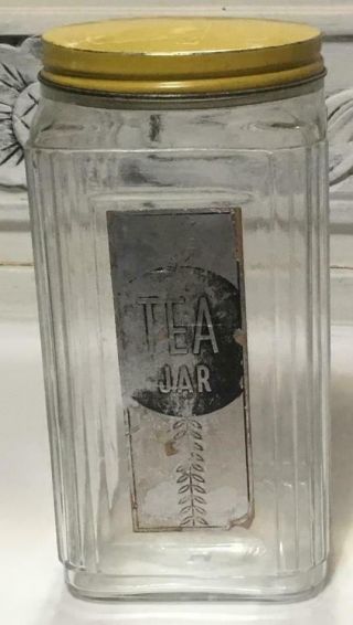 Vintage Anchor Hocking Ribbed Square Glass Tea Jar Yellow Lid Hoosier