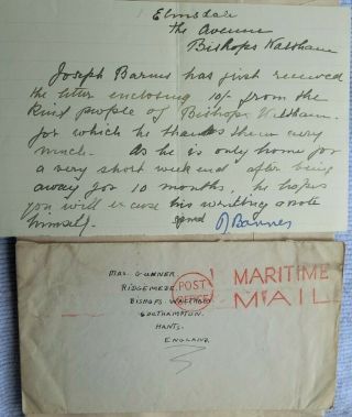Great Britain 1944 Maritime Mail Cover,  Note Bishops Waltham 10/ - Gift Thanks