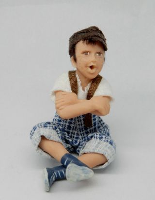 Vintage Sitting Boy Doll W Suspenders Artisan Dollhouse Miniature 1:12 Ooak