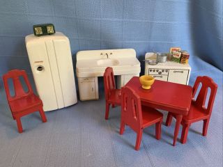 Vintage Strombecker Doll House Furniture Kitchen Wooden Fridge Sink Stove Table