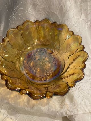 Vtg Iridescent Carnival Glass Fruit Bowl Oval Leaves Amber Ball Footed
