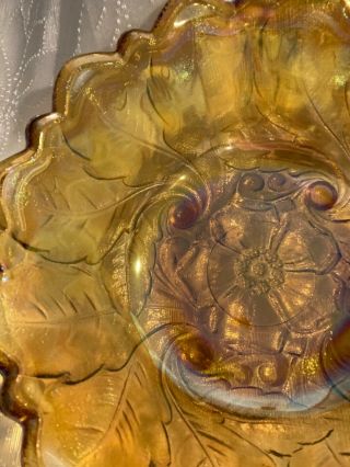 VTG Iridescent Carnival Glass Fruit Bowl Oval Leaves Amber Ball Footed 2