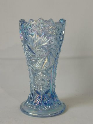 Vintage L E Smith Carnival Glass Ice Blue Starburst Sawtooth Iridescent Vase