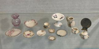 Vintage Artisan Signed Porcelain Ceramic Glass Dishes Dollhouse Miniature 1:12