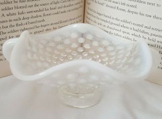Vintage Milk/clear Ruffled Handled Hobnail Glass Candy Dish